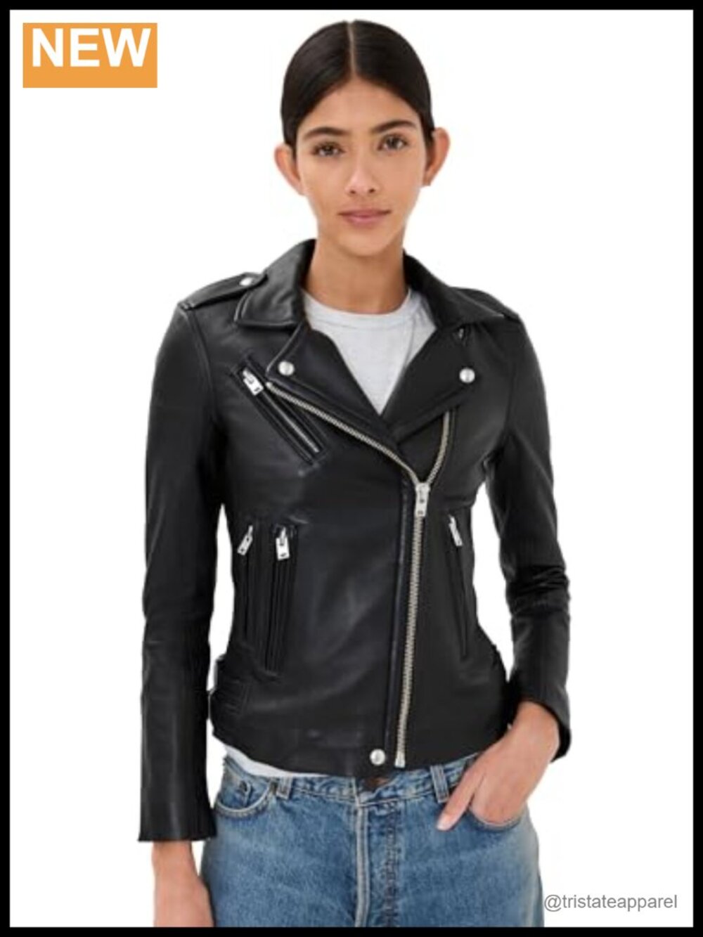 Genuine Lamb Leather Moto Jacket with Notched Lapels & Zipper Pockets